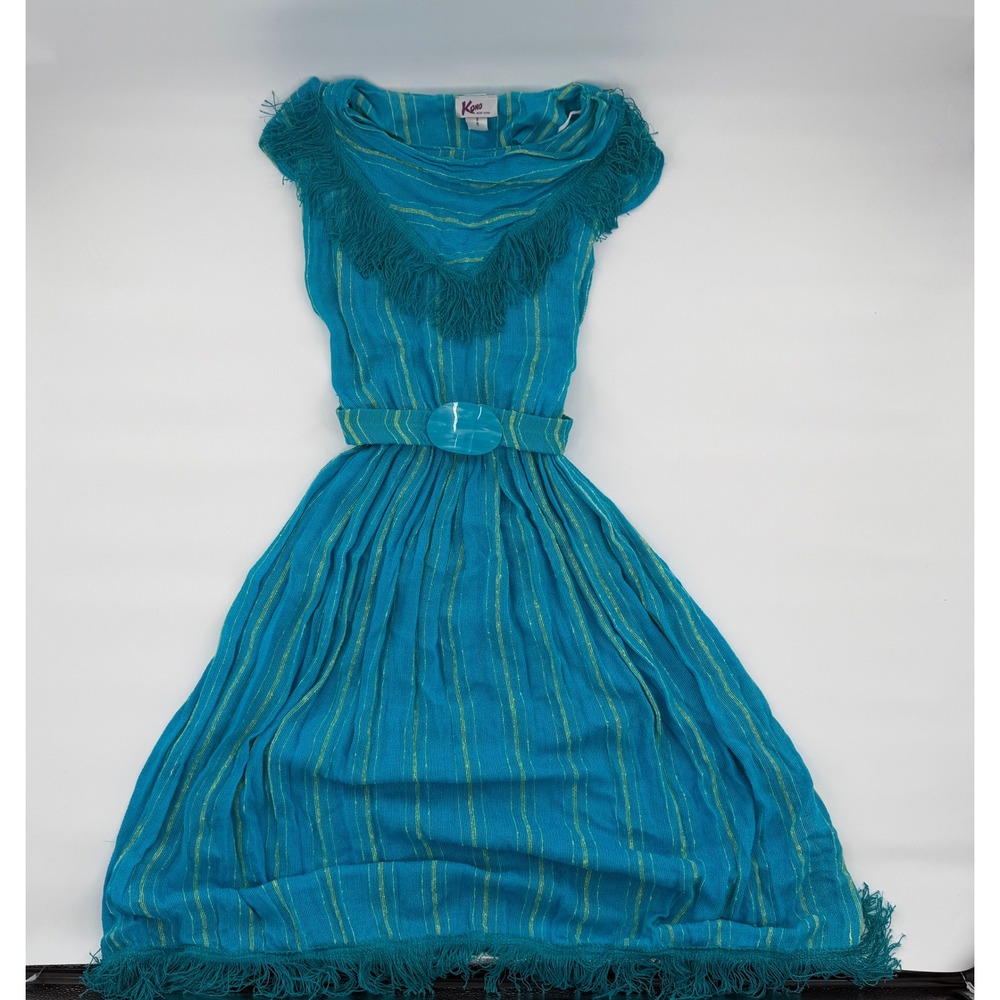 Vintage Kono New York Turquoise Blue Striped Fringe Midi Dress with Belt Size L